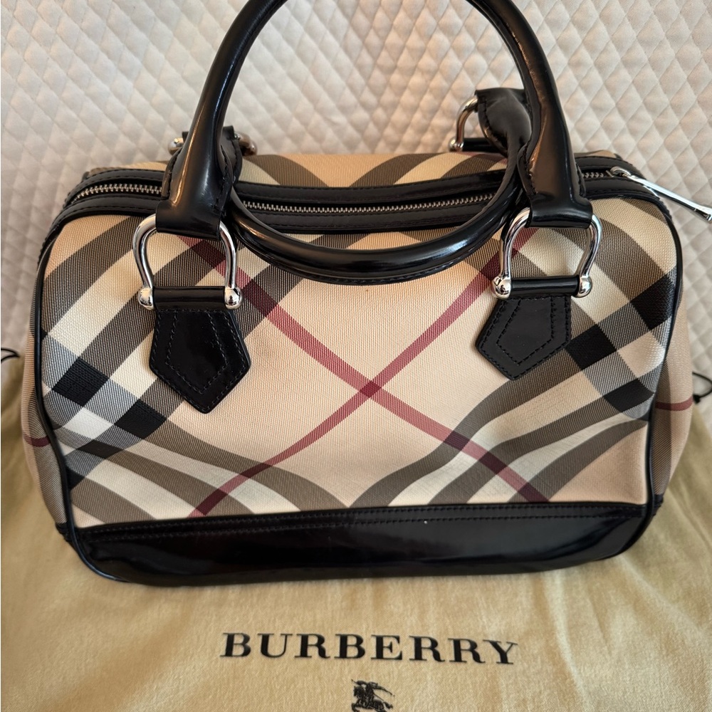 Burberry Black and Cream Satchel with Iconic Check Pattern